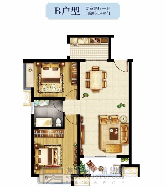大中?！鵀I城 兩室兩廳一衛(wèi) 約86.14㎡
