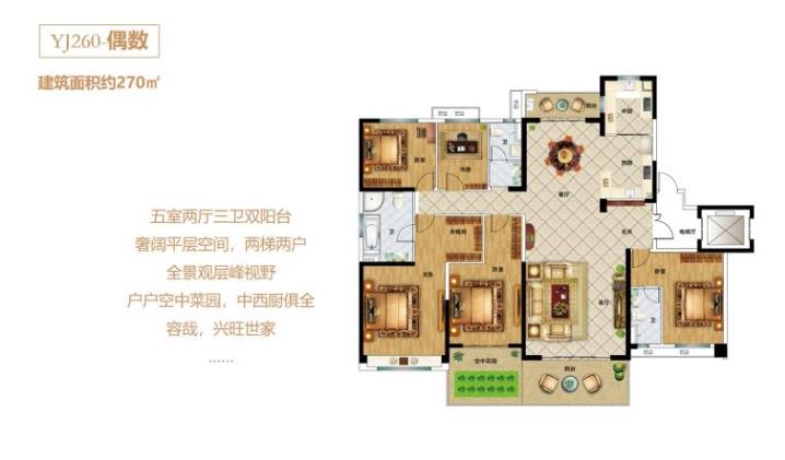 碧桂園 YJ260-偶數(shù) 五室兩廳三衛(wèi)雙陽(yáng)臺(tái)約270㎡