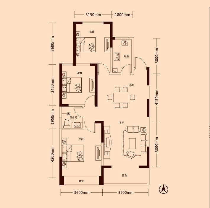 金山東方花園4期三室兩廳一衛(wèi)(約109.2m)