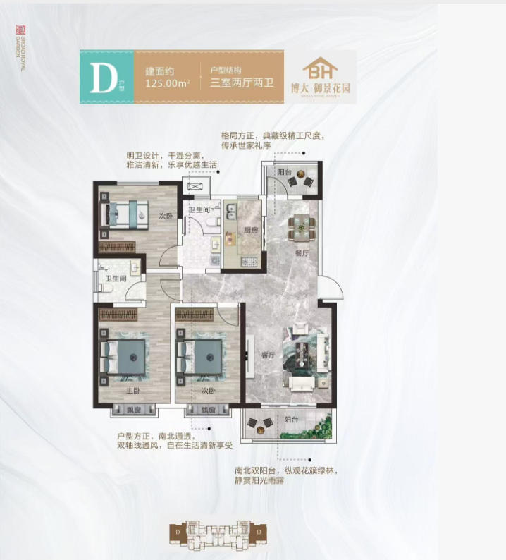 博大御景花園高層3室2廳2衛(wèi)125平方