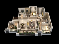 F戶型建面約142平方米，三室兩廳兩衛(wèi)