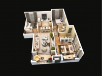 A戶型建面約117平方米，三室兩廳兩衛(wèi)